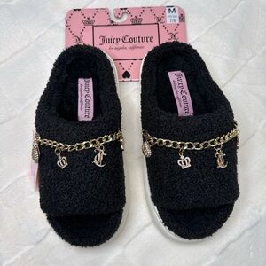 Juicy Couture Black Slippers with Gold Chain Accents